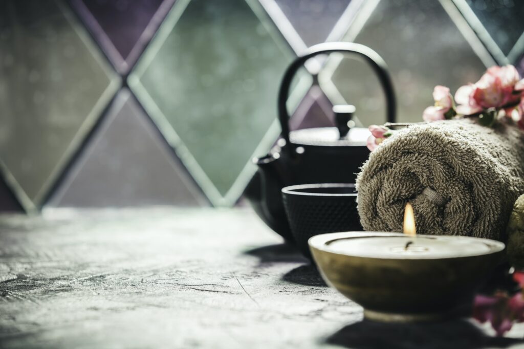 Tea and SPA composition. Natural cosmetics and wellness concept.