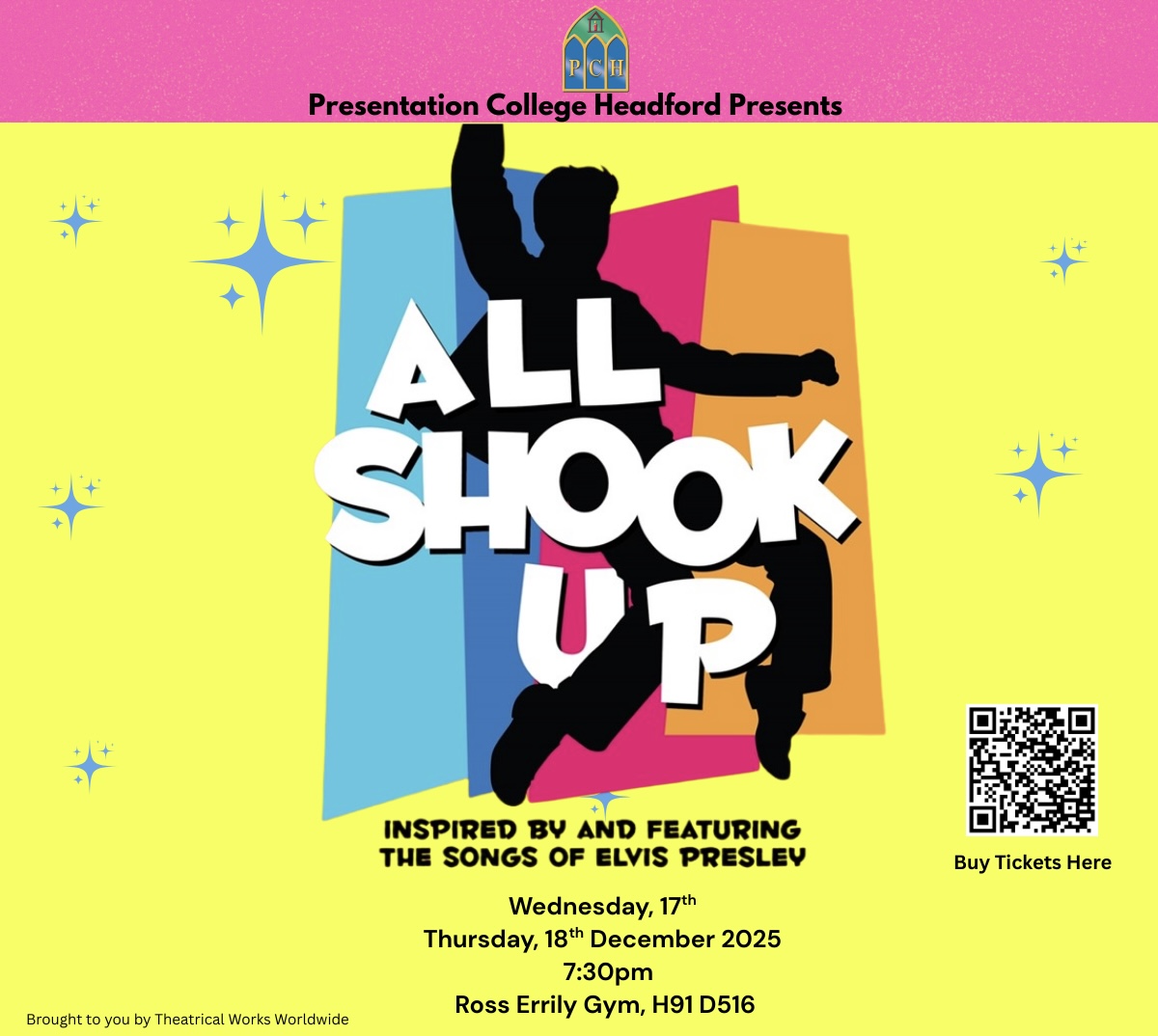 Promotional Poster advertising upcoming school musical All Shook Up on Wednesday 17th and Thursday 18th December